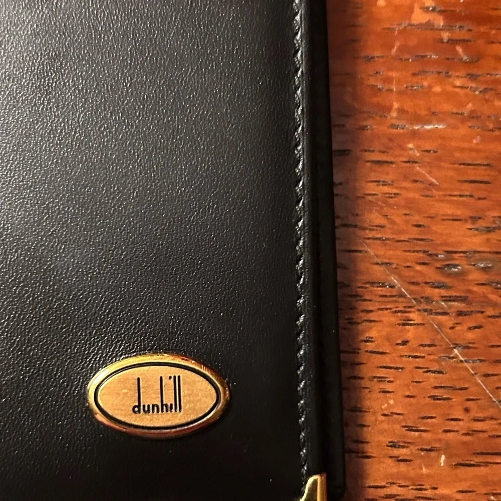 Dunhill Black Leather Wallet | Gold Logo & Corner Accent | Vintage Luxury